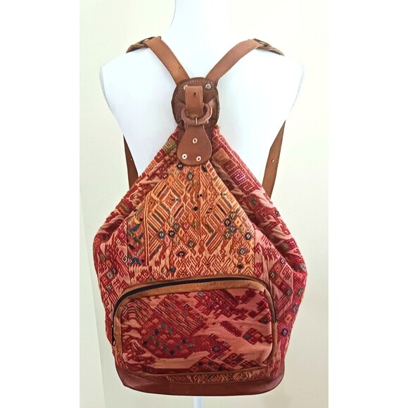 Handwoven Guatemalan Textile Lg Backpack Brown Leather Straps Hippie Boho main image 14